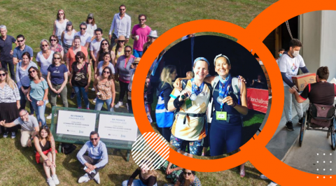 A group of people standing and sitting on grass, two individuals posing with medals, and a person in a wheelchair receiving a box.